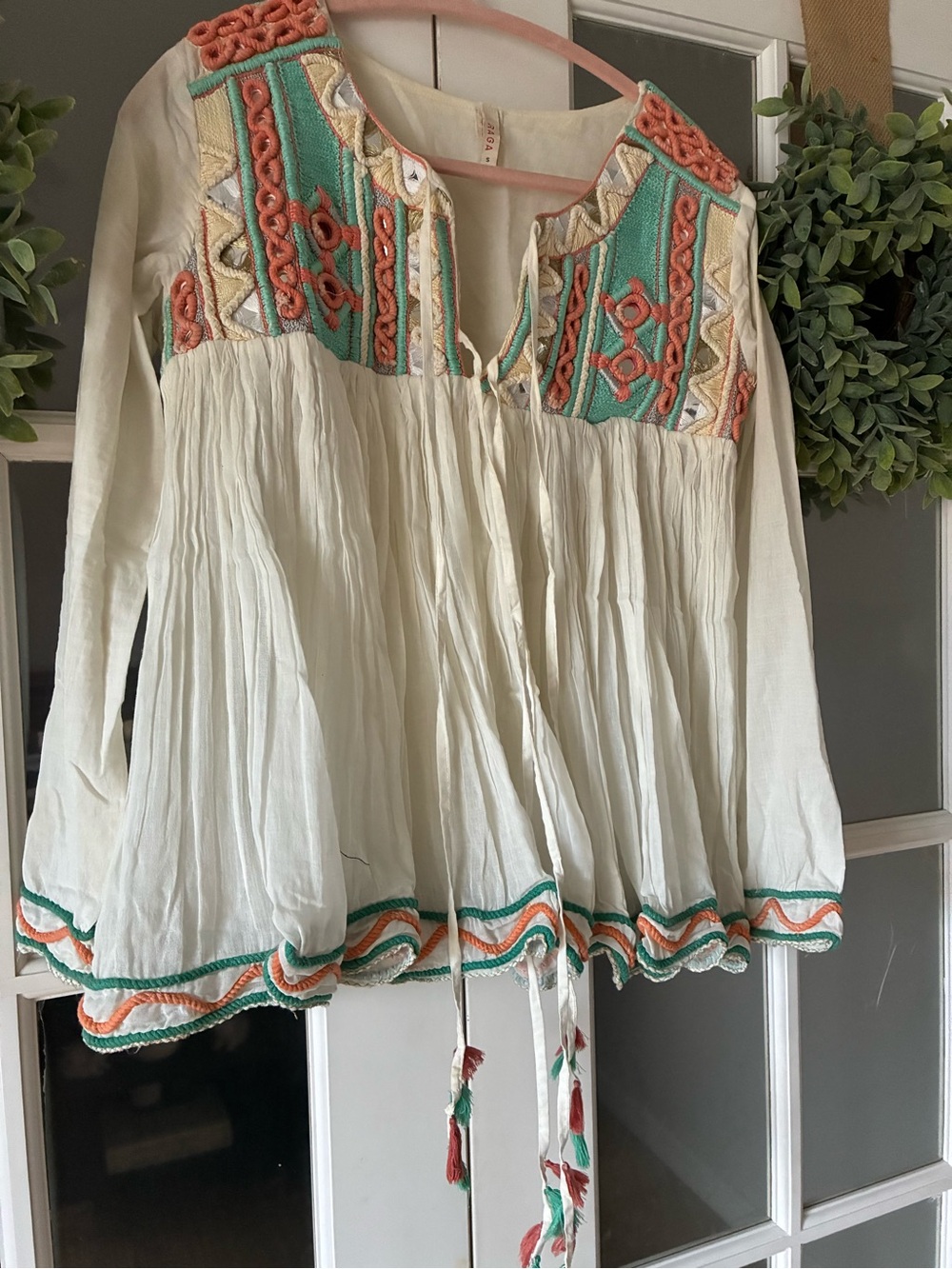 RAGA Cream Tunic with Coral & Teal Embroidery